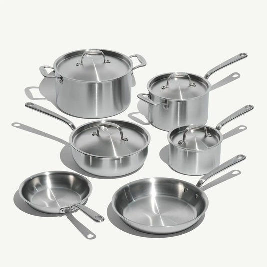 the 10-Piece Set is curated by chefs to bring you a much-needed cookware reset. This Set features a range of nearly indestructible Stainless Clad tools that will help you craft chef-quality meals, fill the gaps in your kitchen, breathe new life into your routine recipes, and inspire new favorites.
Crafted in Italy, our Stainless Clad Cookware is constructed from 5 layers of metals for improved heat conduction. This prevents stuck-on messes and ensures the 5-ply construction cleans up in seconds.