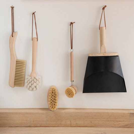 Beech Wood and Horse Hair scrub brush with a leather hanging strap