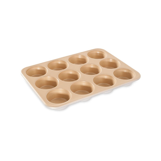 12 cup Nordic Ware muffin pan in nonstick naturals bakeware allows for easy cleanup, bakes evenly, and durable enough to last for years.