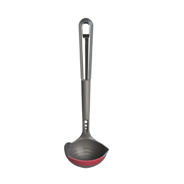 Whether you're serving soups, sauces, or stews, its soft silicone edge ensures effortless scooping, while the built-in pour spout allows for precise, mess-free pouring. Thoughtfully crafted with measurement lines for accuracy and an integrated herb prepper for added convenience, this durable, everyday essential is a must-have in any kitchen.