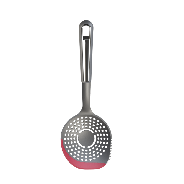 while the heat-resistant silicone end (up to 428°F) ensures safe and efficient skimming. Designed for versatility, it includes a serrated edge for cutting meat and veggies and a built-in egg separator for added convenience. Whether you're straining, scooping, or separating, this skimmer is a must-have for any kitchen!