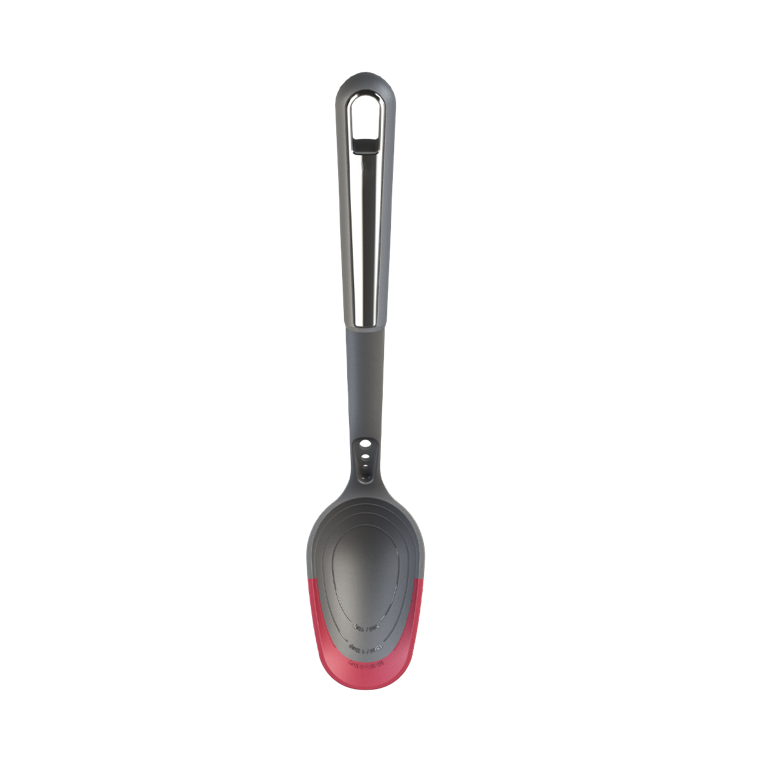 The durable nylon shaft is reinforced with glass fiber additives for extra strength, while the flexible, rounded silicone edge makes scooping, stirring, and scraping a breeze. Built for precision, it includes integrated measurement markings (1 tsp., 1 tbsp., 2 tbsp.) and a built-in herb stripper for added convenience.
