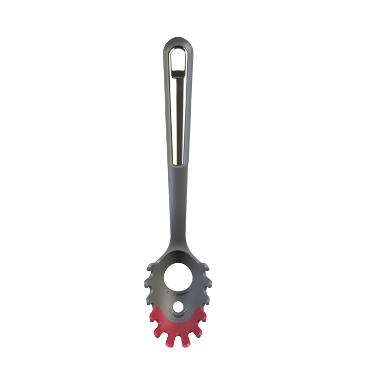 The 13" Nylon & Silicone Pasta Server is designed for effortless serving with a comfortable soft-touch handle accented with stainless steel. Its durable nylon shaft and function end are reinforced with glass fiber additives for extra strength, while integrated portion measures ensure perfect serving sizes.