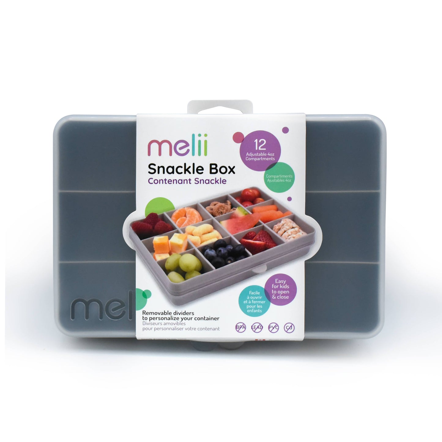 Mellii snack box packaging with a clear lid showing compartments filled with snacks on a white background.