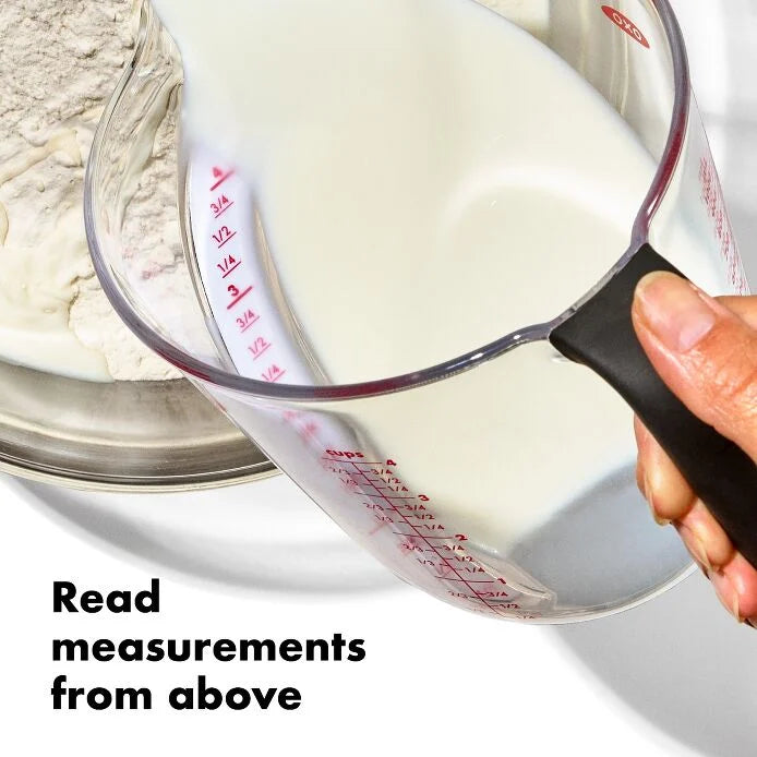 Measure with a smile, not a backache. Our OXO Good Grips 4-Cup Angled Measuring Cup is like having X-ray vision—just peek down and voilà, perfect measurements! This clever cup (a Good Housekeeping darling!) features a sneaky angled interior that displays cups, ounces, and milliliters from above like magic.