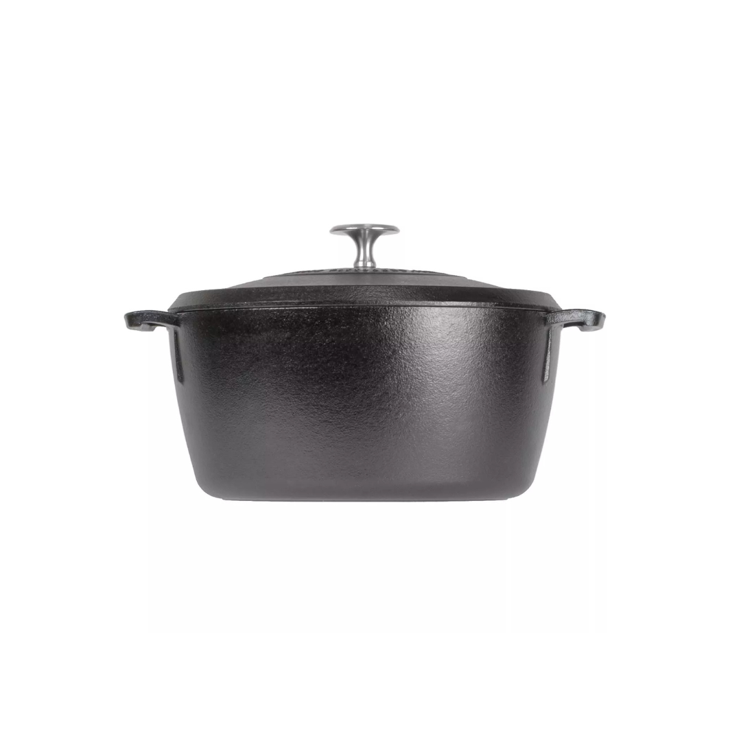 The Blacklock Triple Seasoned 5.5Qt Dutch Oven, crafted by Lodge, America's oldest family-owned cast iron cookware foundry, brings over a century of craftsmanship to your kitchen. Triple seasoned for a natural, nonstick finish and easy cleanup, this lightweight Dutch oven heats evenly at lower temperatures, making it perfect for searing and browning.