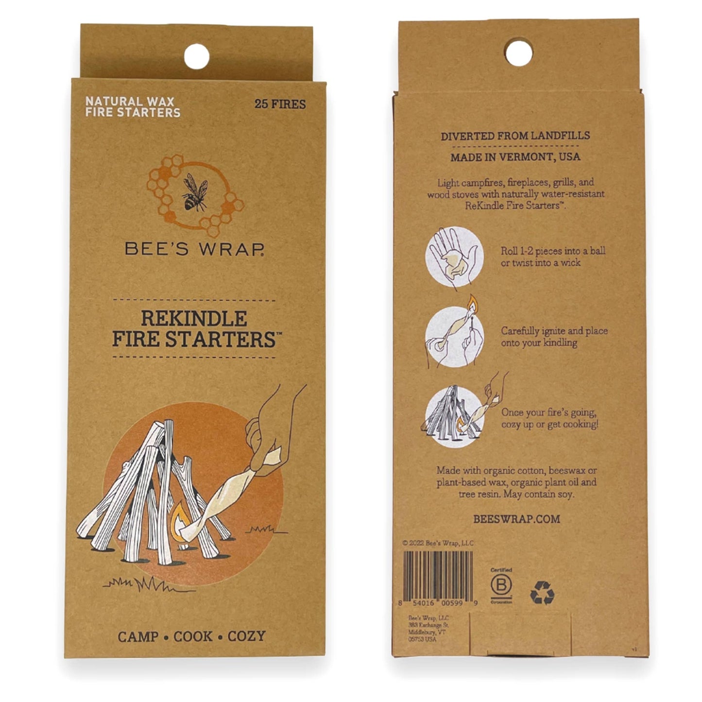 Bee's Wrap Rekindle Fire Starters packaging on a white background