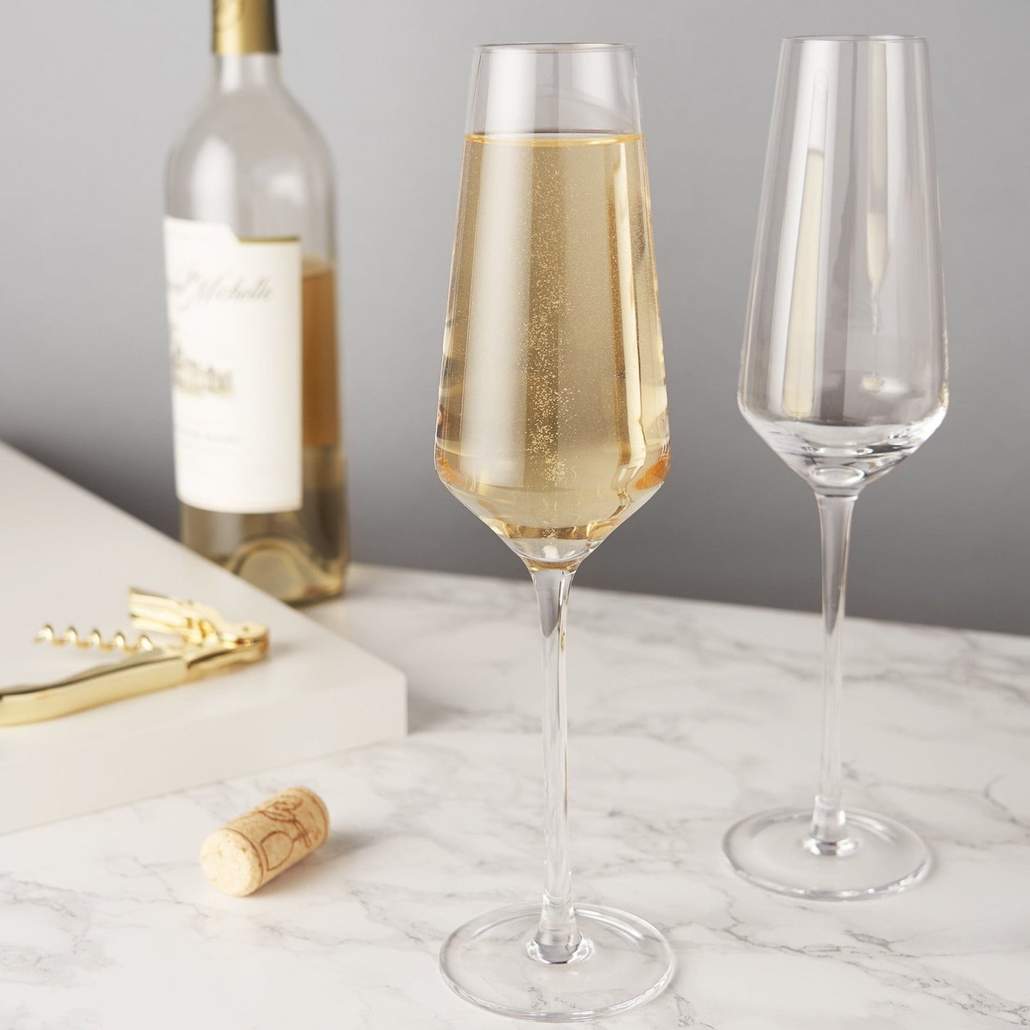 Ideal for effervescent sparkling wine, these stemmed champagne flutes are crafted from a lead-free crystal glass. This glass offers the most-elegant drinkware experience available.  Modern and classy, these glasses are sleek with precise angles. They are perfect for any occasion or the finest of dinner parties. The well-crafted construction results in a pair of wine glasses that will stand the test of time.