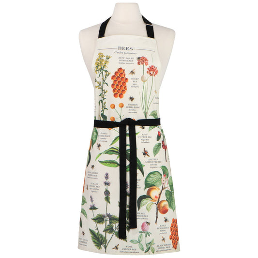 Botanical apron with floral and insect design on a white background