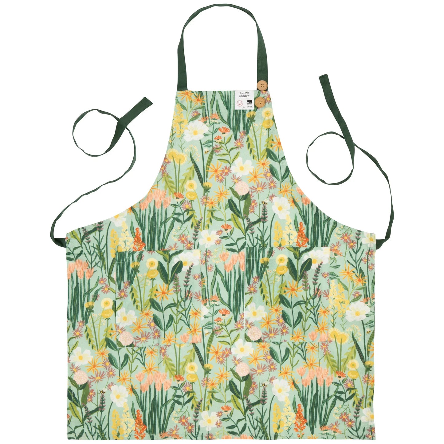 Floral apron with green straps on a white background