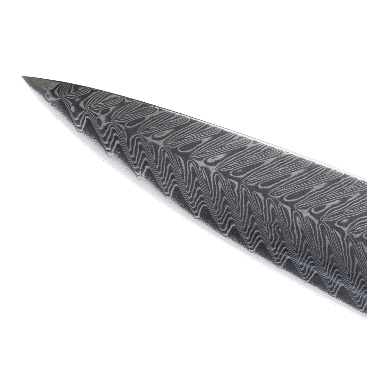 A close-up of a kitchen knife blade featuring a Damascus steel pattern with wavy gray and black lines on a silver base, set against a plain white background.