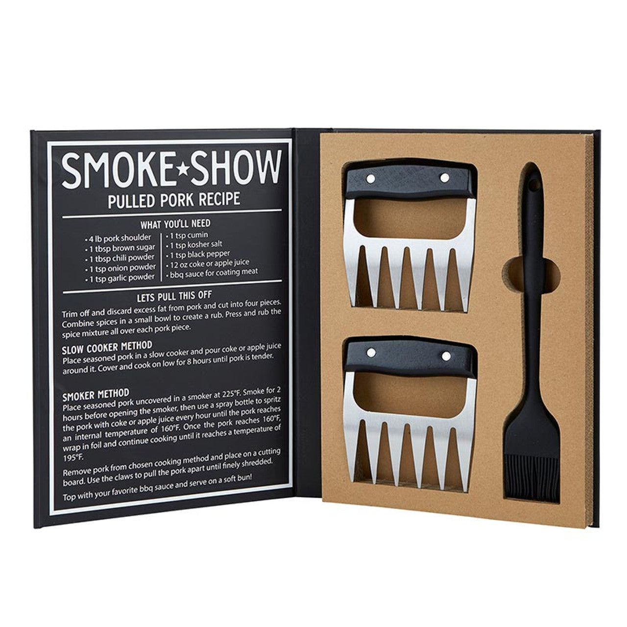 For the meat lover in your life, this gift set is the perfect choice. It includes two premium stainless steel meat shredding claws, each with comfortable wooden handles for a secure grip, and a high-quality silicone basting brush for applying marinades and sauces. The set is beautifully packaged in a charming book-shaped box, making it an impressive and thoughtful gift.