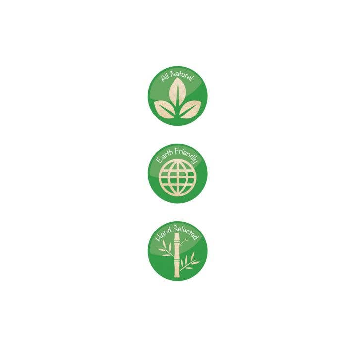 Three green circular icons with nature-themed designs on a white background