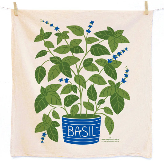 a touch of greenery to your kitchen with the Basil Tea Towel! Featuring a charming blue plant pot filled with lush, leafy basil and tiny blue blooms, this towel brings nature’s freshness right to your countertop.