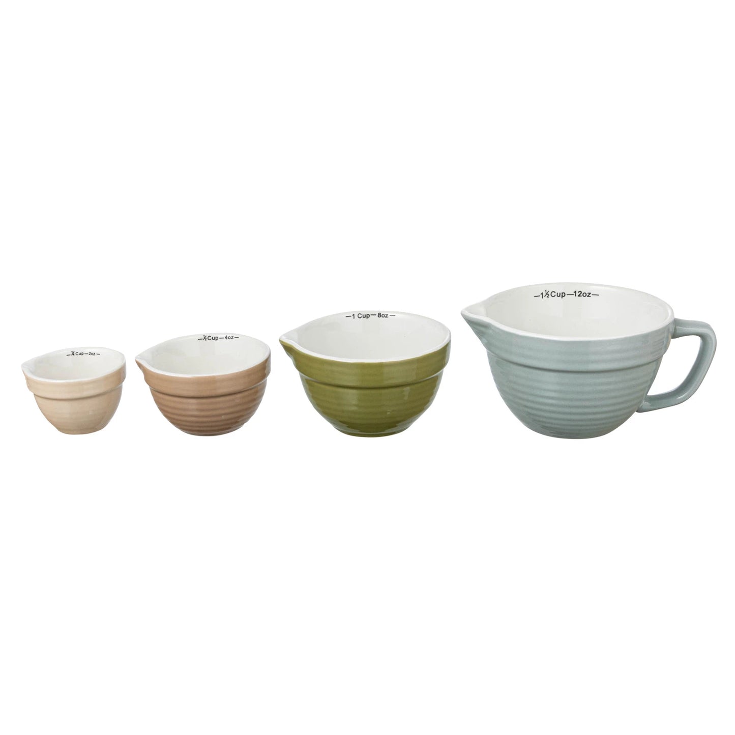 Add charm and functionality to your kitchen with this Set of 4 Batter Bowl Measuring Cups, crafted from durable stoneware in a variety of versatile hues. Designed to resemble classic batter bowls, each cup features an easy-pour spout and a sturdy handle for effortless measuring and pouring of wet or dry ingredients.