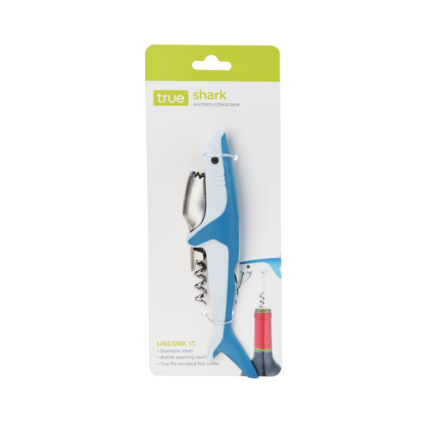 Designed to impress and built for everyday use, this playful corkscrew features a soft-touch body and double-hinged stainless steel action. The foil-cutting top fin and bottle-opening jaw make uncorking wine effortless, while adding a touch of whimsical flair to your wine nights.