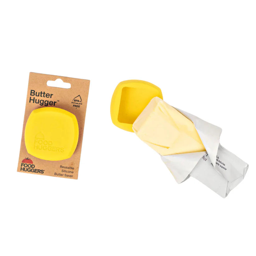 Yellow Butter Hugger in a package and one with stick of butter