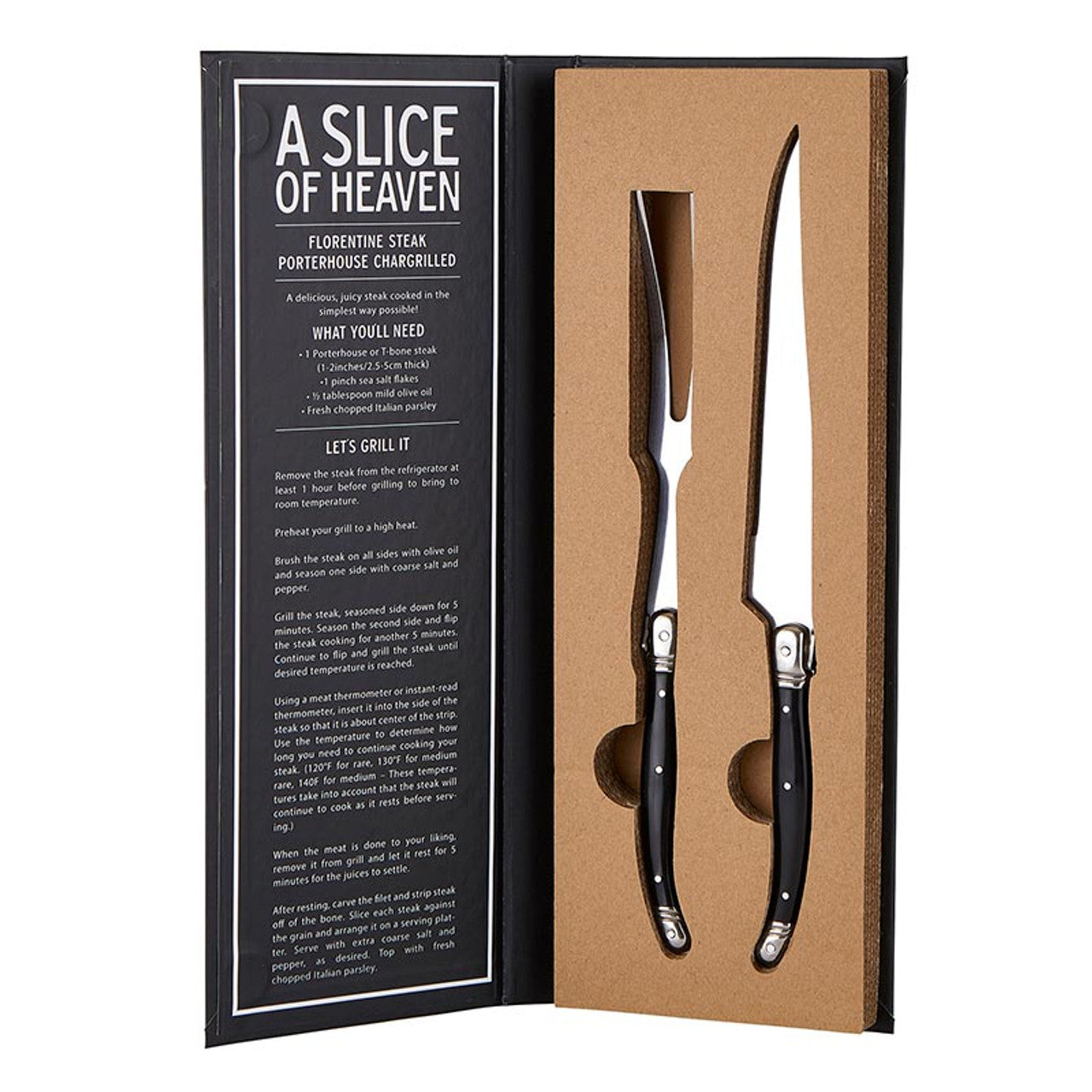 Ideal for slicing through turkey, chicken, or roasts with precision, this set features a stainless steel carving knife and carving fork, elegantly packaged in a charming book-shaped box for effortless gifting. Whether for a special occasion or everyday use, this duo ensures you have the perfect tools for serving up delicious meals with style and ease.