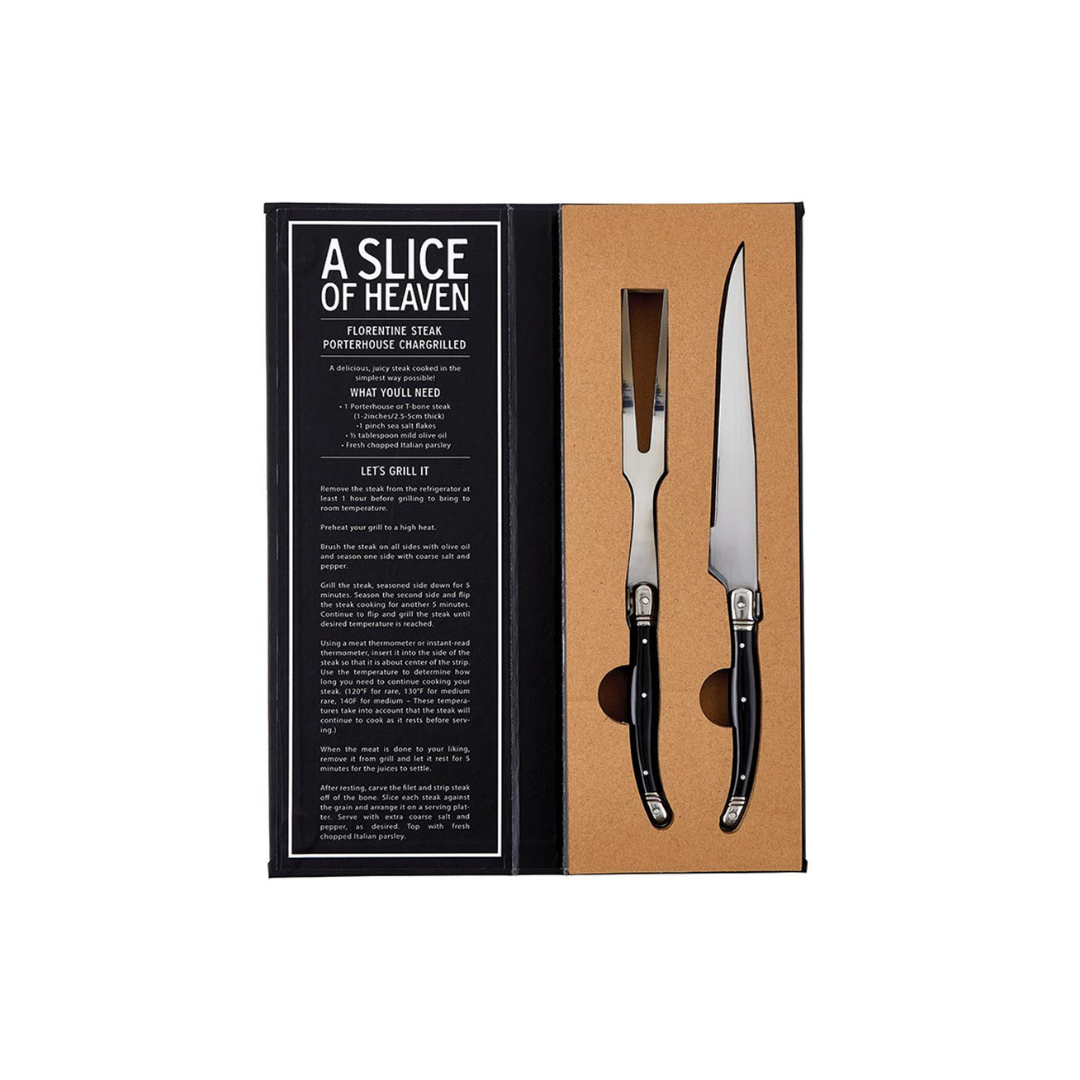 Ideal for slicing through turkey, chicken, or roasts with precision, this set features a stainless steel carving knife and carving fork, elegantly packaged in a charming book-shaped box for effortless gifting. Whether for a special occasion or everyday use, this duo ensures you have the perfect tools for serving up delicious meals with style and ease.