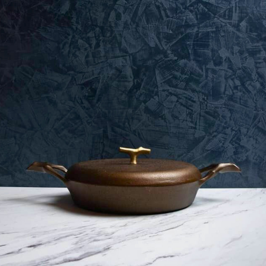 This gorgeous 12" braising pan comes with two handles, since we know heavy iron cookware deserves to be held with ease and assurance.