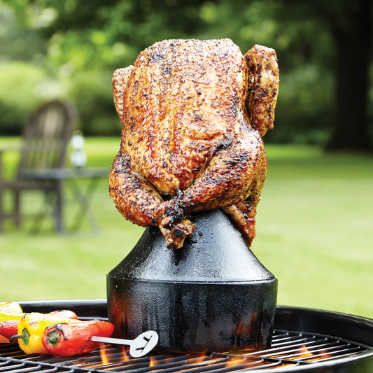 Pour a can of your favorite brew into our Cast Iron Chicken Roaster and Flavor Infuser, top with your choice of herbs and add a whole chicken. Voila! Dripping fat, moist meat and a gustatory difference you won't wanna' miss!
