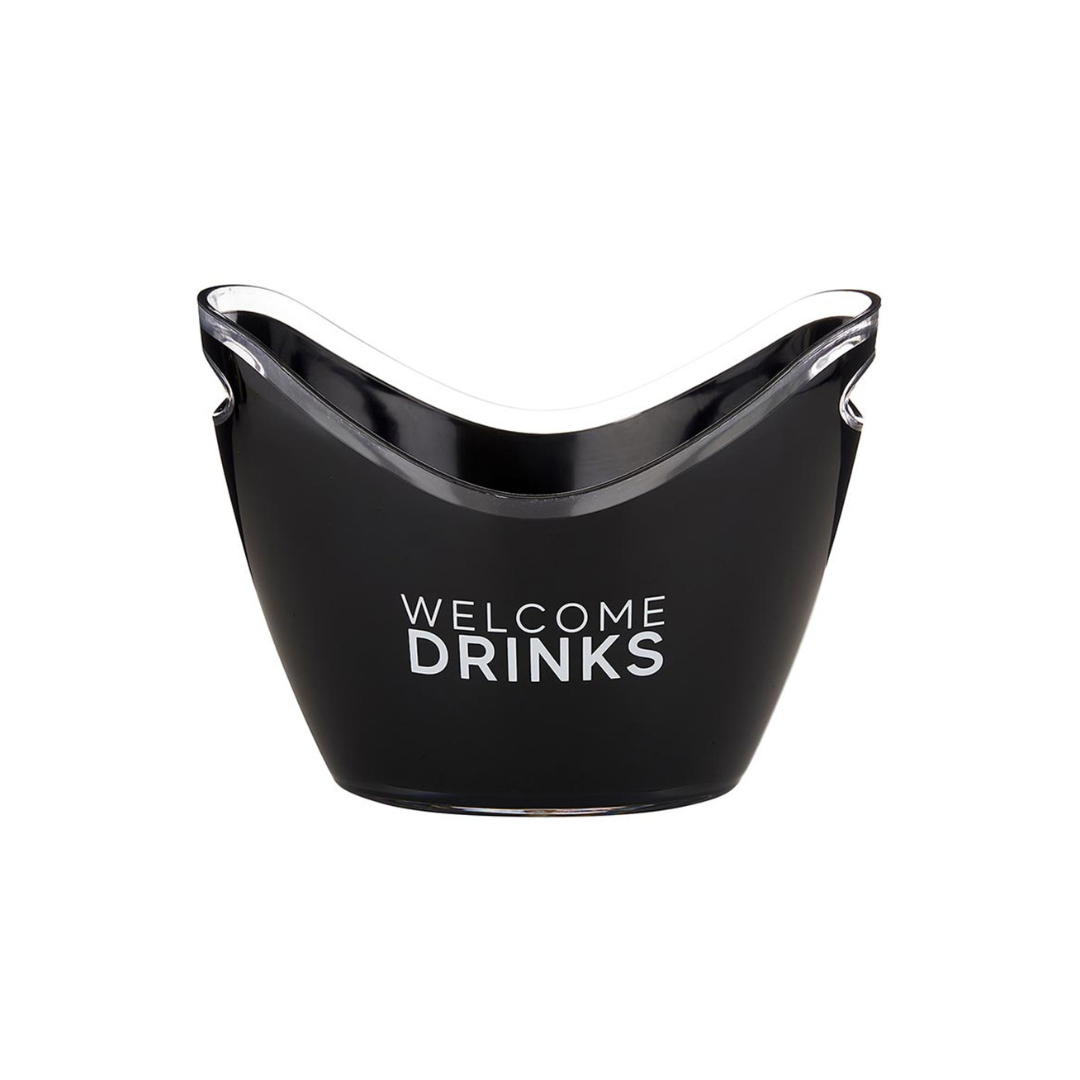 Get ready for your next party with our acrylic ice buckets, adorned with "Welcome Drinks" for a touch of hospitality. Constructed from durable acrylic, these buckets feature practical cut-out handles for effortless mobility, perfect for both indoor and outdoor dining settings. The scooped rim design allows for easy access to refreshments, making it a delightful addition to your entertaining essentials.