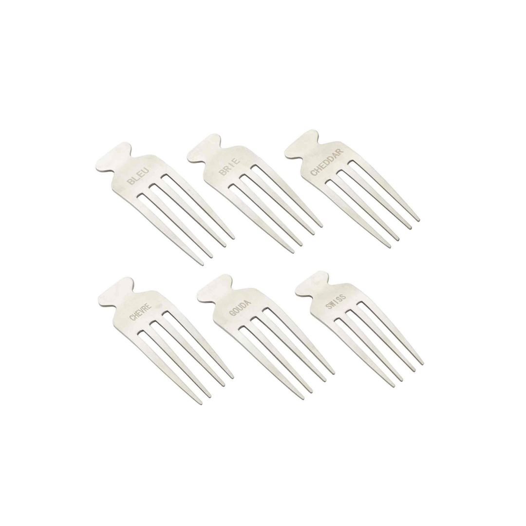 6 quirky fork-shaped picks includes "Bleu," "Brie," "Cheddar," "Chevre," "Gouda," and "Swiss" labels