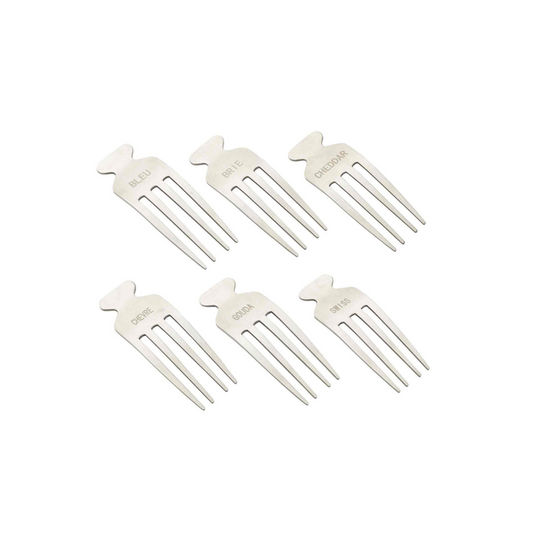6 quirky fork-shaped picks includes "Bleu," "Brie," "Cheddar," "Chevre," "Gouda," and "Swiss" labels