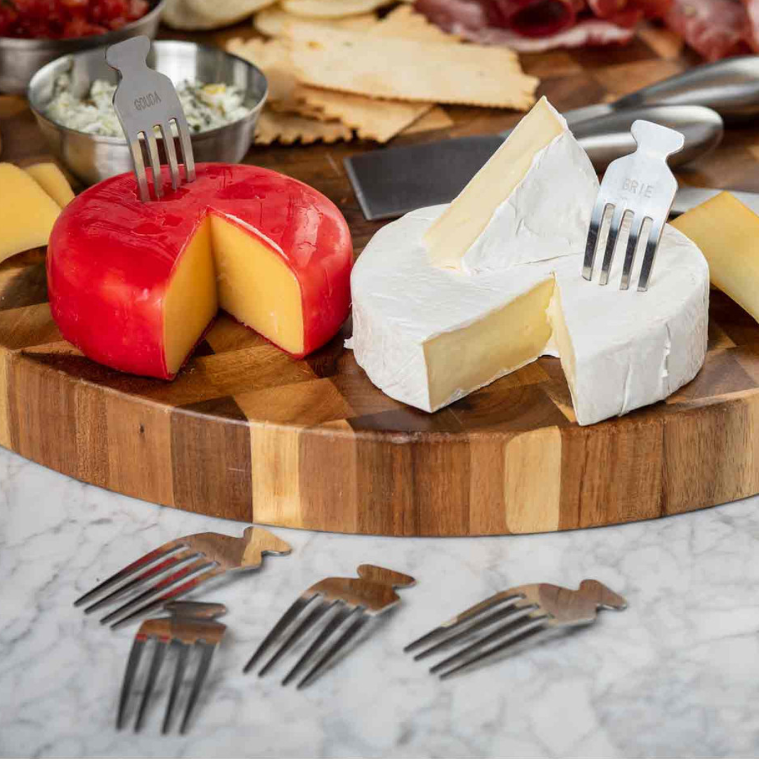 6 quirky fork-shaped picks includes "Bleu," "Brie," "Cheddar," "Chevre," "Gouda," and "Swiss" labels