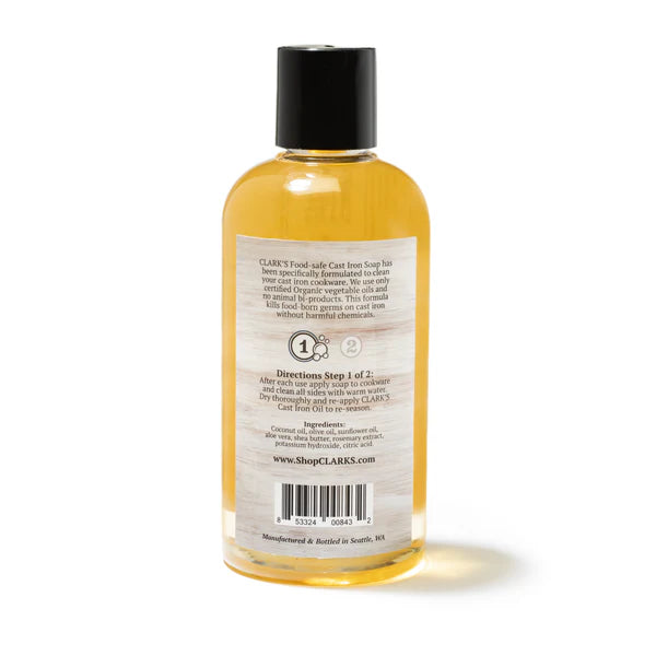 Keep your cast iron cookware like new with CLARK'S Cast Iron Soap! Made with natural ingredients, it leaves no residue, reduces odors, and helps prepare for CLARK's Cast Iron oil. Safe for anyone, including kids and pets!