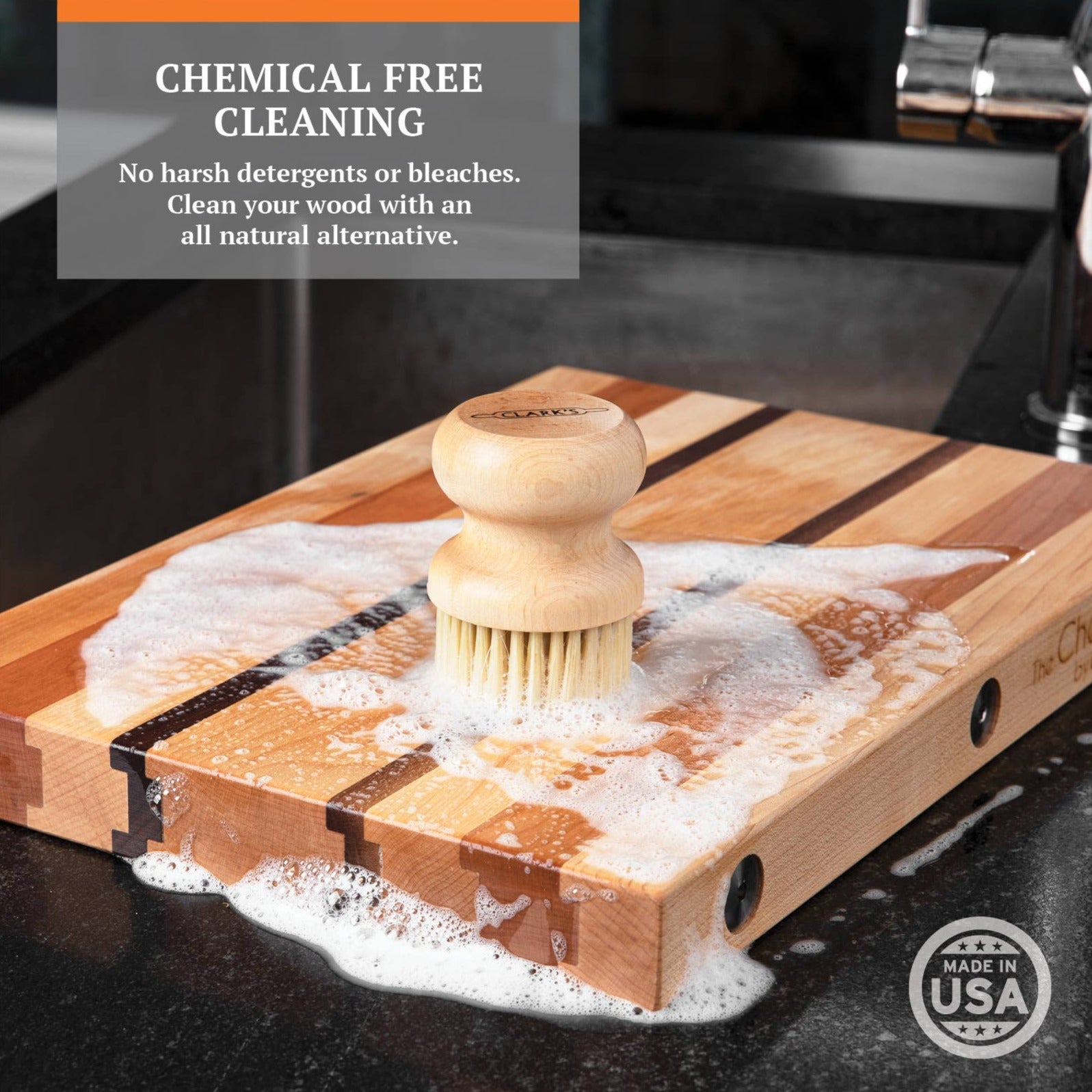 Clarks cutting board soap being used on cutting board chemical free cleaning no harsh detergents or bleaches. clean your wood with an all natural alternative.