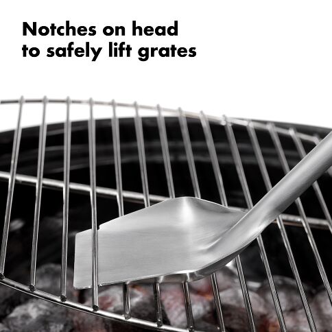 Maximize your charcoal grilling potential with the OXO Good Grips Coal Rake with Grill Lifter—the ultimate 3-in-1 solution for serious grillers. This ingeniously designed tool features a heat-resistant, extended neck that keeps your hands safely away from intense heat while providing precise control over coal arrangement for perfect temperature zones.