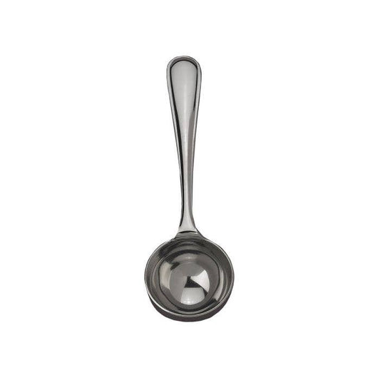 A single stainless steel measuring spoon with a long handle and rounded bowl, shown vertically against a plain white background.