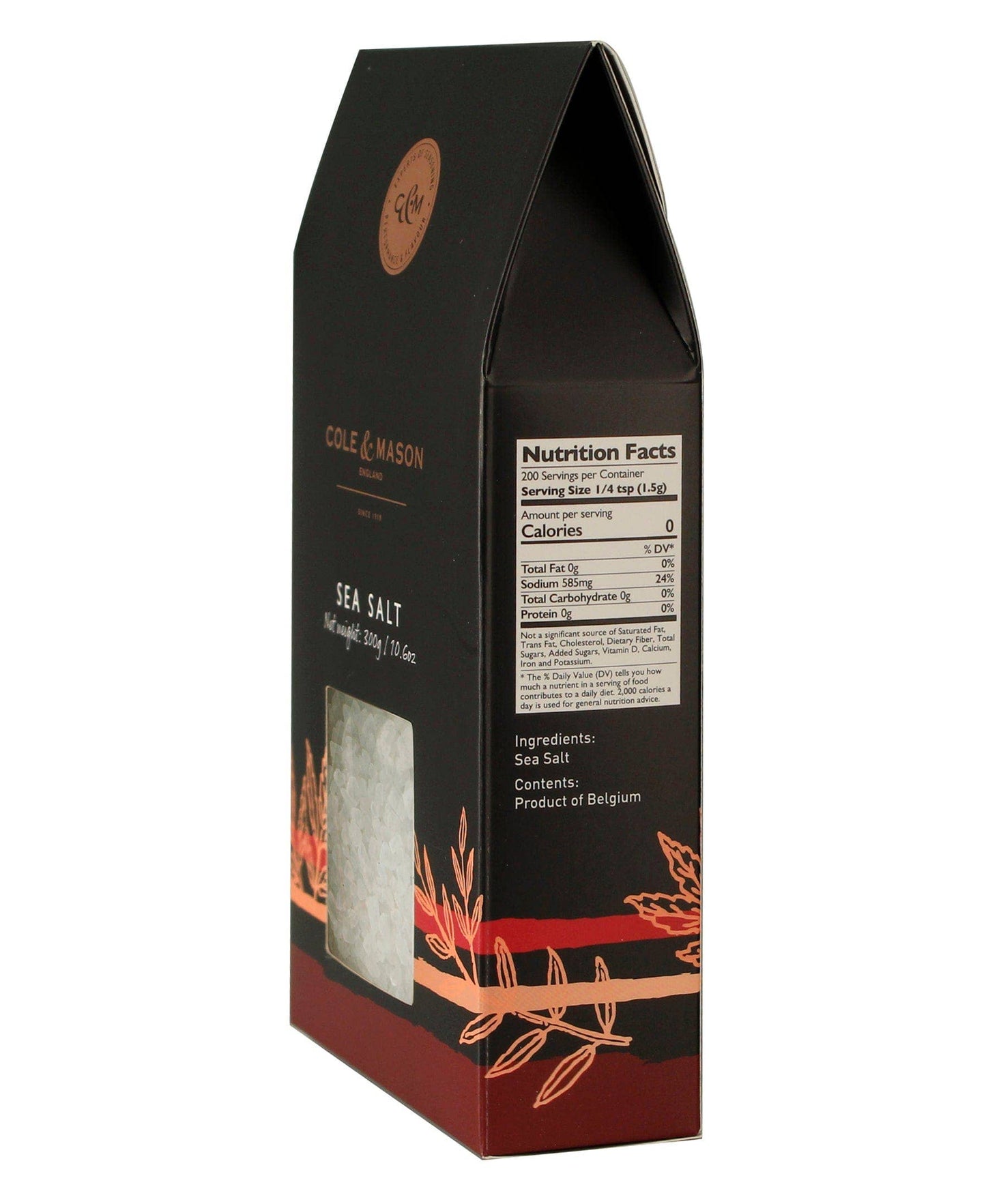 Black packaging of Cole & Mason sea salt with nutritional information on a white background