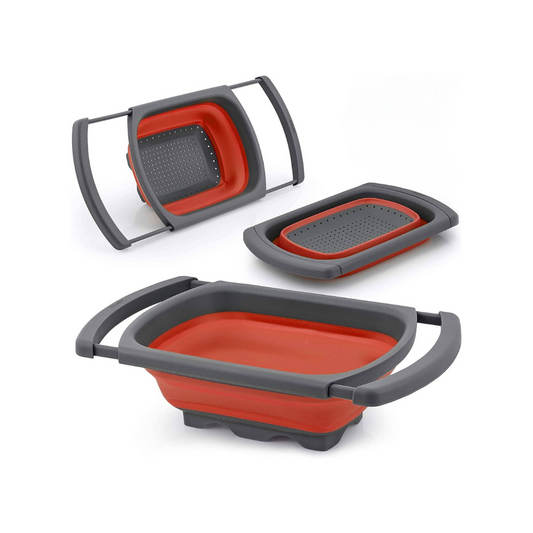 Zulay Kitchen Collapsible Colander in bold red is the ultimate space-saving kitchen essential! With a generous 6-quart capacity, it’s perfect for rinsing fruits and veggies or draining pasta with ease. The collapsible design makes storage a breeze, while extendable handles (adjusting from 15 to 23.8 inches) let it sit securely over most sinks—keeping food elevated while draining.