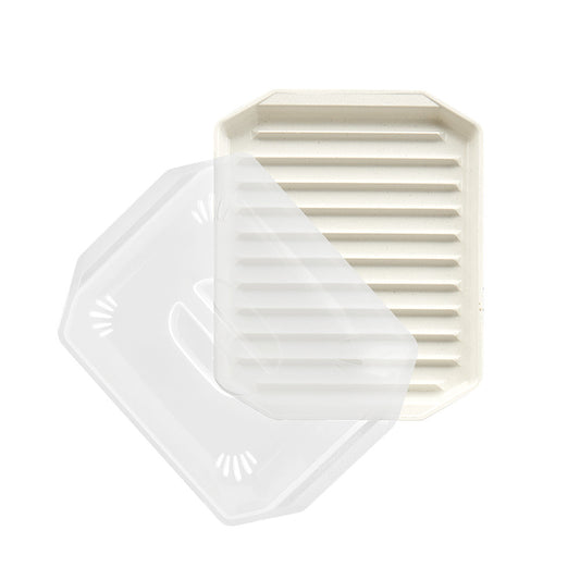 Set of white and beige bacon tray with lid on a white background