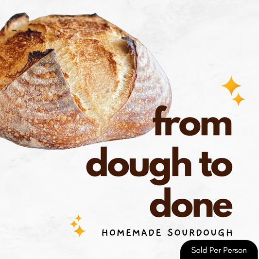 Loaf of bread with 'from dough to done' text on a white background