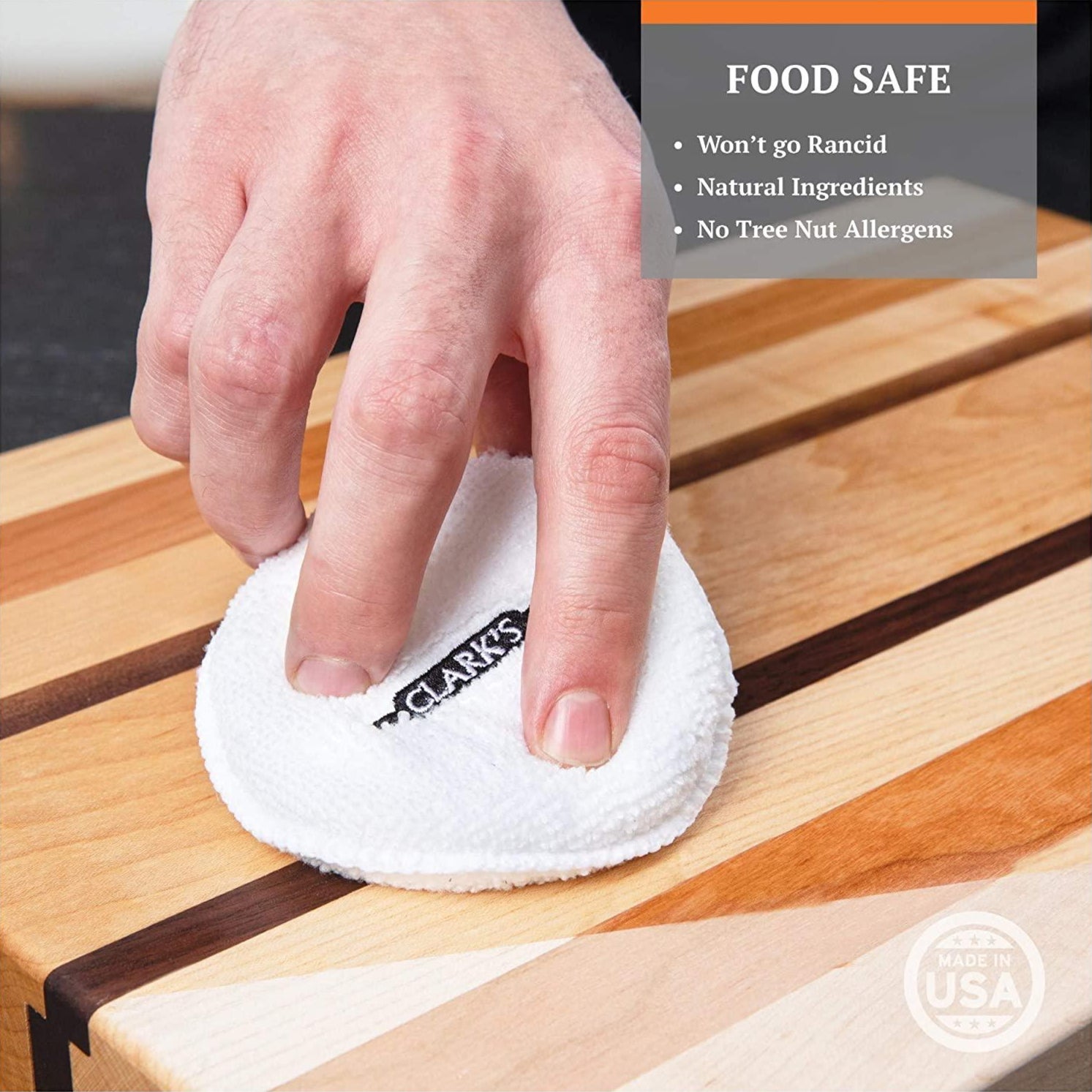 CLARK’S Cutting Board Finish is a thoughtful mix of carnauba wax, beeswax and food grade mineral oil. This formula goes on easily, and maintains its consistency while being stored between uses. Carnauba wax is much more expensive than standard beeswax which is why most of the other waxes on the market use little or none. We wanted a little stiffer finish that provides both a luster AND a water-resistant coating that will help your pieces last longer and resist odors and unwanted liquids or juices.