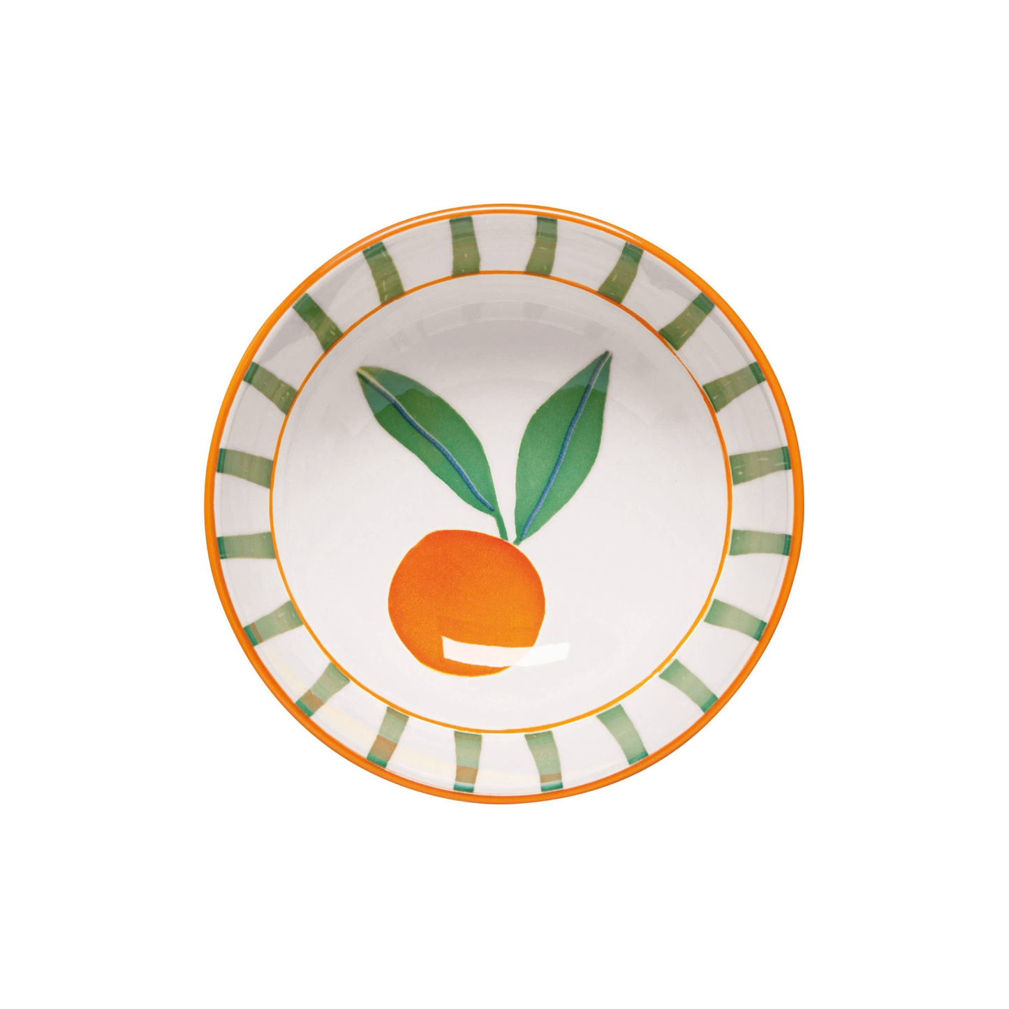 Decorative plate with a design of an orange and leaves on a white background