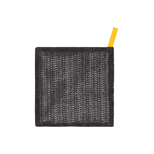 Black textured pouch with a yellow drawstring on a white background