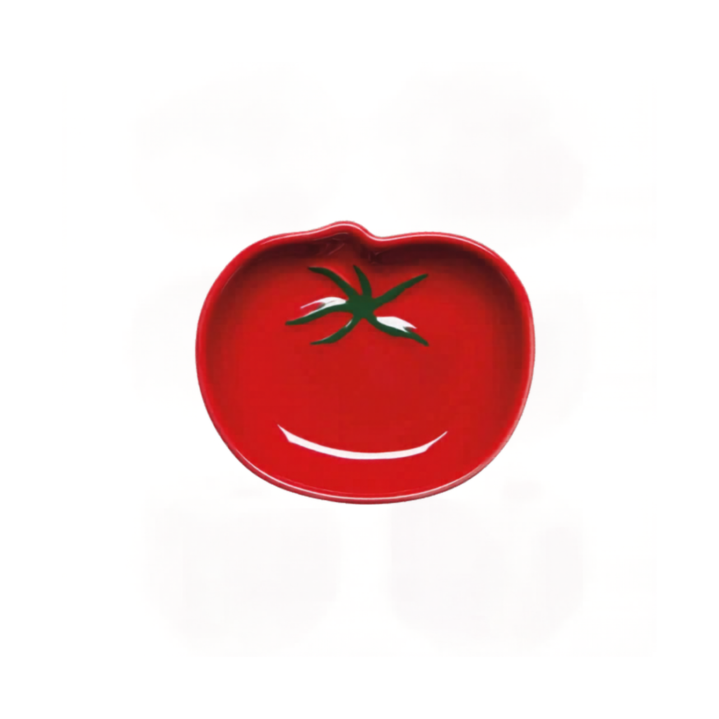 Red tomato-shaped plate with green stem on a white background