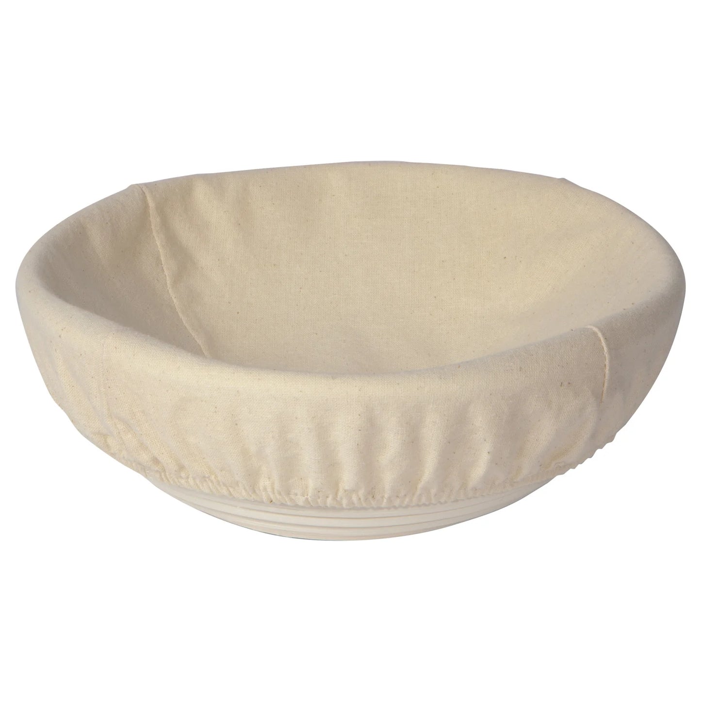 Beige fabric-covered proofing bowl on a white background