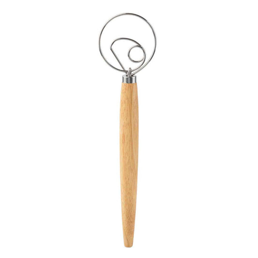 Danish Dough Whisk with wooden handle and metal head on a white background