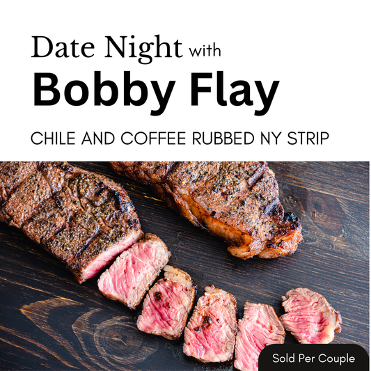 Steak with sliced pieces on a wooden surface, promotional text for 'Date Night with Bobby Flay'.