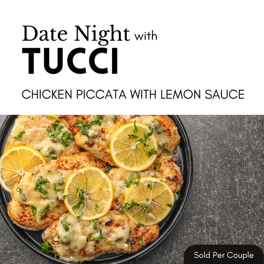 Platter of chicken piccata with lemon slices on a dark surface, with text about Tucci.