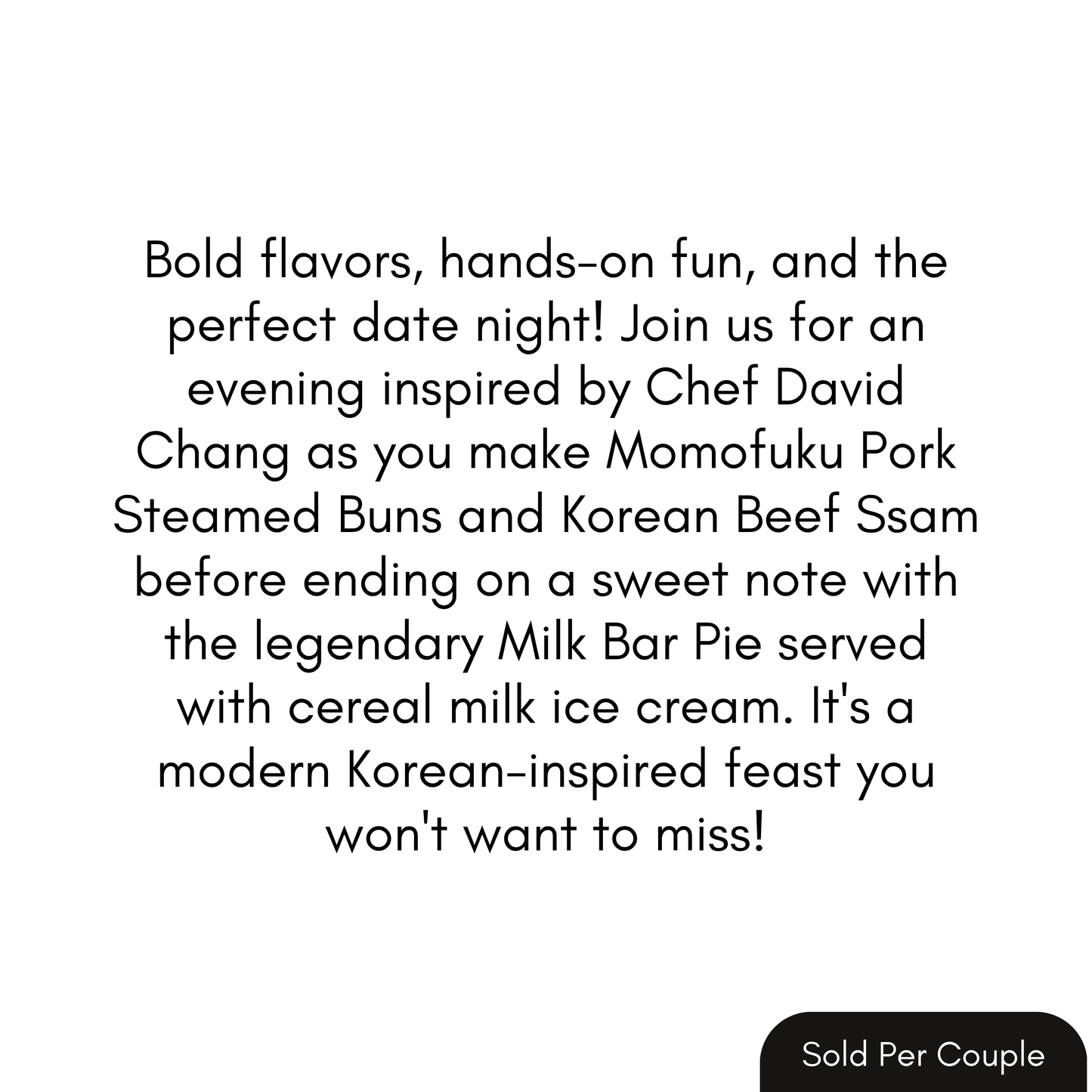 Text describing a cooking class with menu items and couple pricing on a white background