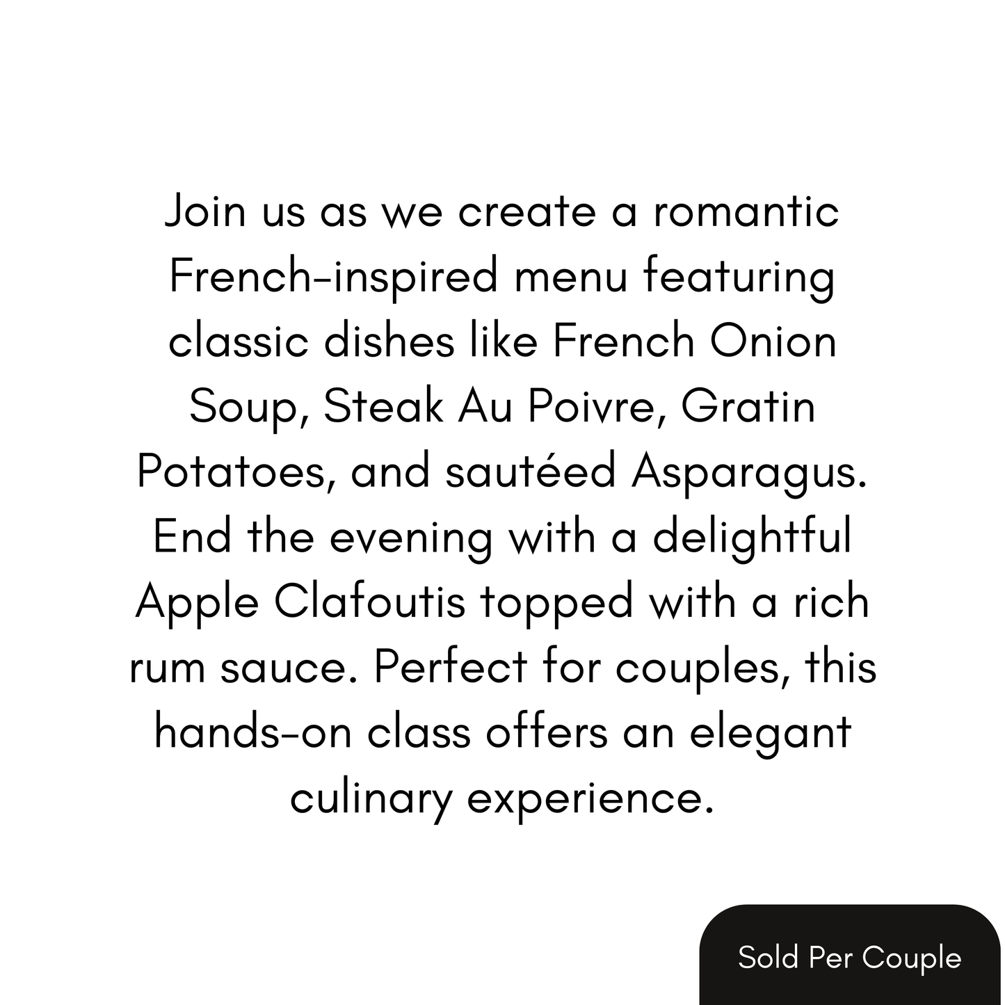 Text advertisement for a romantic French-inspired menu with classic dishes.
