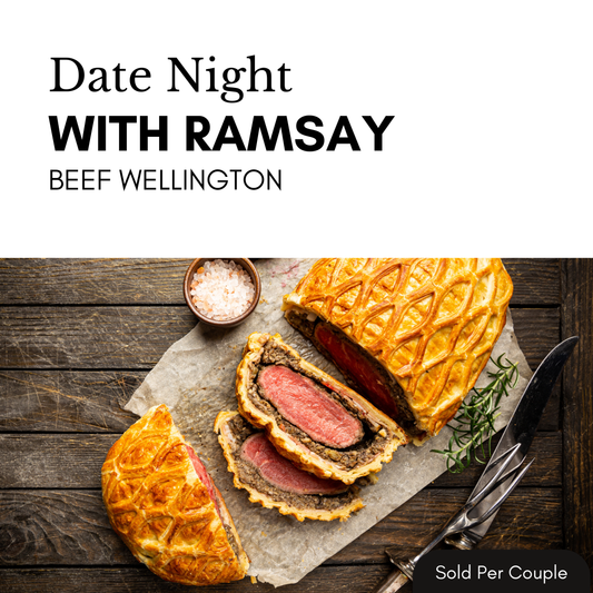 Beef Wellington with a decorative pastry on a wooden surface, labeled 'Date Night with Ramsay'.