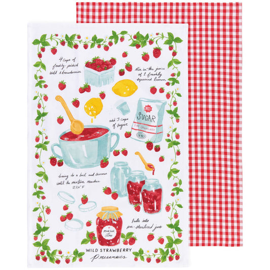 Tea towel with strawberry jam design and red checkered border