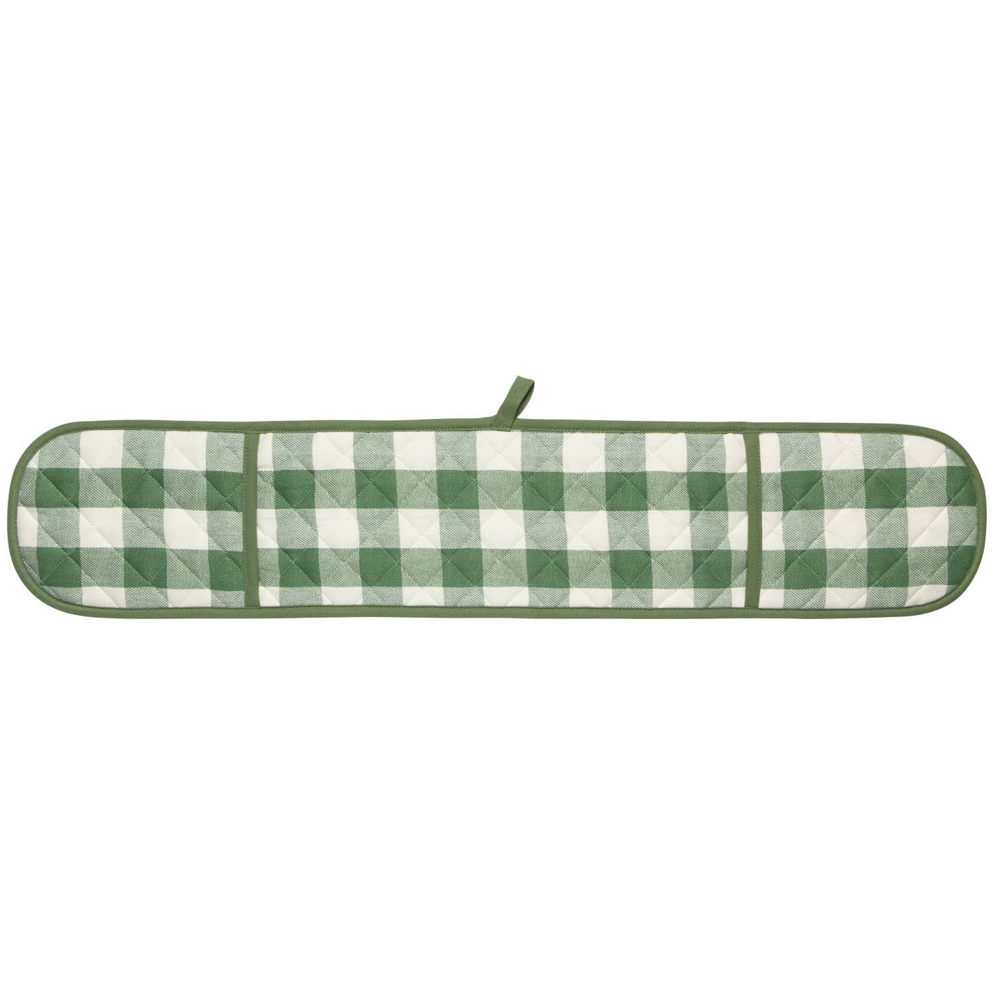 Green and white checkered oven mitt on a white background
